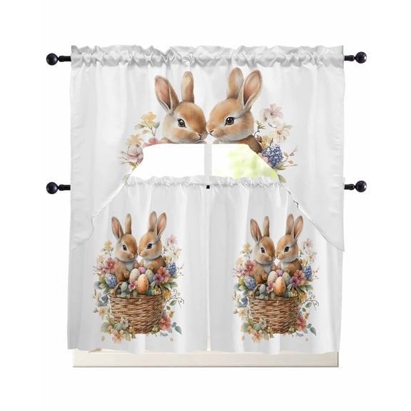 Spring Easter Kitchen Curtains Sets 24 Inch Length with Valance, Eggs Bunny Floral Blooms Botanical Swag Valances and Tiers Curtain Set Drapes Swag Curtains for Living Room, Bathroom, Bedroom, Cafe