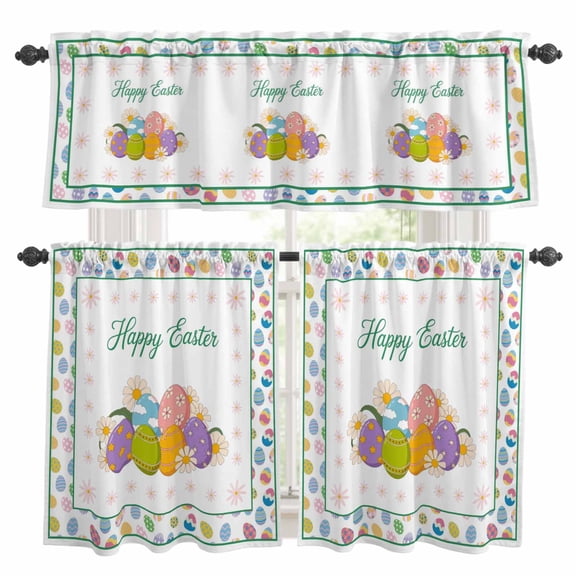Spring Easter Kitchen Curtains Sets for Windows 24 Inch Length, Watercolor Colorful Eggs Floral Botanical Rod Pocket Window Treatments Tier Curtains and Valances Set for Bedroom/Bathroom