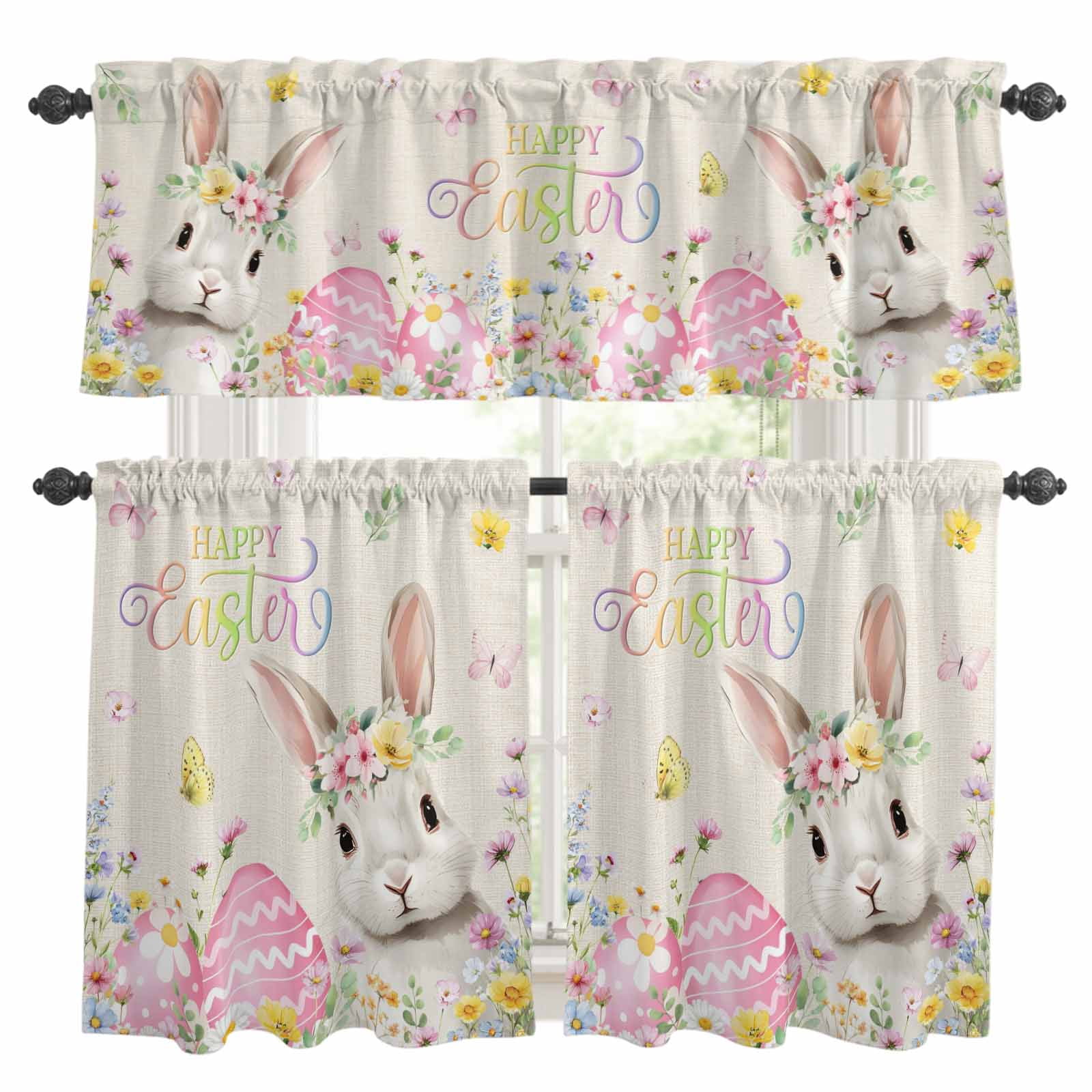 Curated visual reference: Easter Curtain Rental Reference: Spring Easter Kitchen Curtains And Valances Set Rabbit Egg Colorful