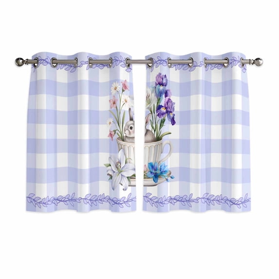 Spring Easter Kitchen Curtains Window Panels, Bunny Botanical Flowers Leaves Purple Check Insulated Window Treatment Curtain, Grommet Curtains for Bedroom/Living Room/Bathroom, 2 Piece 42"Wx45"L