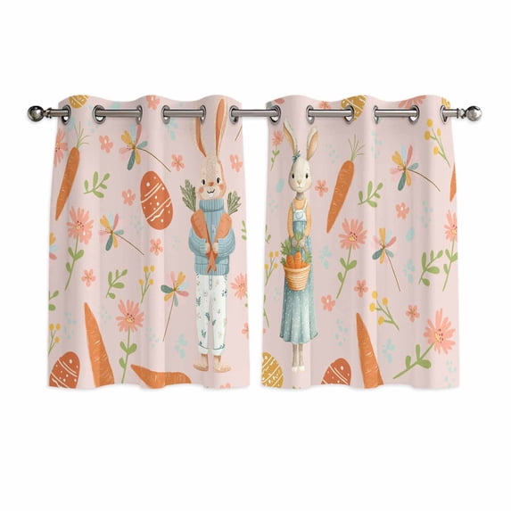 Spring Easter Kitchen Curtains Window Panels, Bunny Carrots Eggs Floral Botanical Pink Insulated Window Treatment Curtain, Grommet Curtains for Bedroom/Living Room/Bathroom, 2 Piece 52"Wx45"L