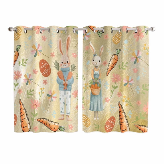 Spring Easter Kitchen Curtains Window Panels, Bunny Carrots Eggs Floral Botanical Yellow Insulated Window Treatment Curtain, Grommet Curtains for Bedroom/Living Room/Bathroom, 2 Piece 52"Wx63"L