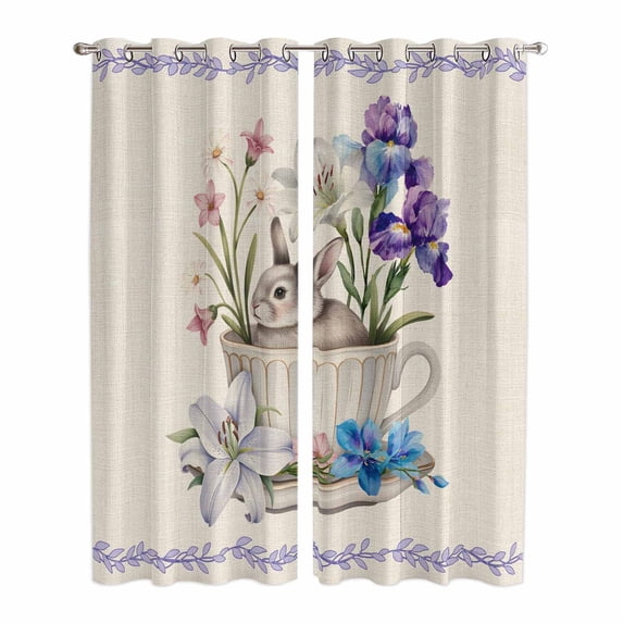 Spring Easter Kitchen Curtains Window Panels, Retro Rabbit Cup Botanical Purple Leaves Insulated Window Treatment Curtain, Grommet Curtains for Bedroom/Living Room/Bathroom, 2 Piece 42"Wx84"L