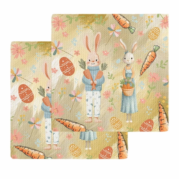 Spring Easter Kitchen Dish Towels for Drying Dishes Set of 2, Bunny Carrots Eggs Floral Botanical Yellow Waffle Weave Microfiber Hand Tea Bathroom Towels Quick Dry & Absorbent Towel 12x12
