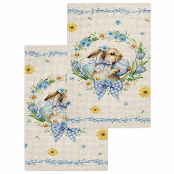 Spring Easter Kitchen Dish Towels for Drying Dishes Set of 2, Cute Rabbits Eggs Bow Daisy Tulips Plants Beige Waffle Weave Microfiber Hand Tea Bathroom Towels Quick Dry & Absorbent Towel 15.7x23.6