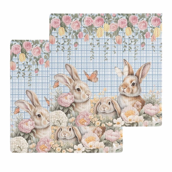 Spring Easter Kitchen Dish Towels for Drying Dishes Set of 2, Cute Rabbits Flower Leaves Butterfly Blue Plaid Waffle Weave Microfiber Hand Tea Bathroom Towels Quick Dry & Absorbent Towel 12x12