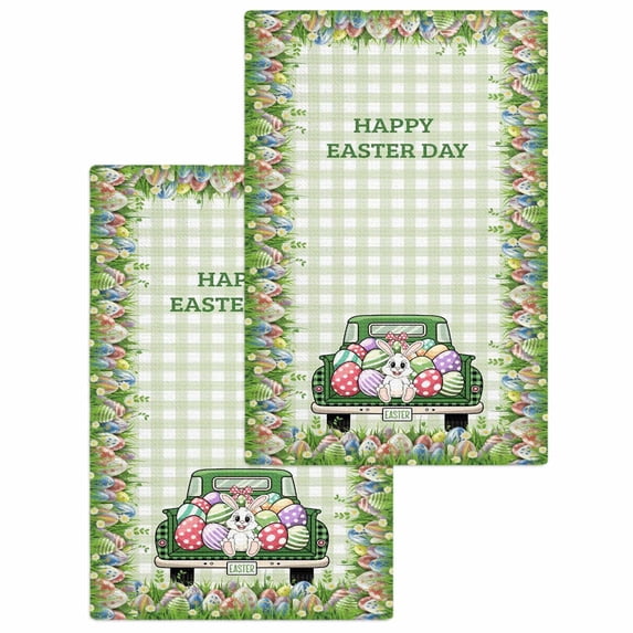 Spring Easter Kitchen Dish Towels for Drying Dishes Set of 2, Easter Eggs Bunny Truck Botanical Green Plaid Waffle Weave Microfiber Hand Tea Bathroom Towels Quick Dry & Absorbent Towel 15.7x23.6