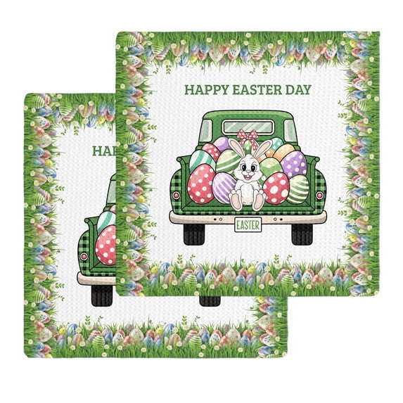 Spring Easter Kitchen Dish Towels for Drying Dishes Set of 2, Easter Eggs Bunny Truck Botanical Watercolor Waffle Weave Microfiber Hand Tea Bathroom Towels Quick Dry & Absorbent Towel 12x12