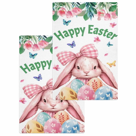Spring Easter Kitchen Dish Towels for Drying Dishes Set of 2, Pink Cute Rabbits Flowers Eggs Butterflies Plants Waffle Weave Microfiber Hand Tea Bathroom Towels Quick Dry & Absorbent Towel 15.7x23.6