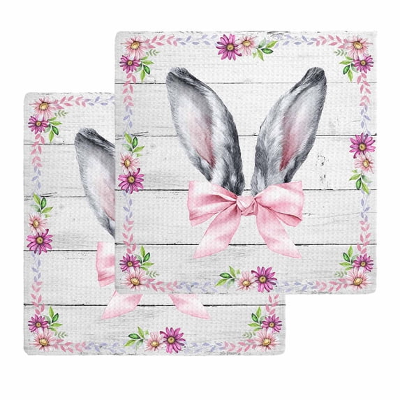 Spring Easter Kitchen Dish Towels for Drying Dishes Set of 2, Watercolor Flowers Rabbits Ears Bow Wooden Gray Waffle Weave Microfiber Hand Tea Bathroom Towels Quick Dry & Absorbent Towel 12x12