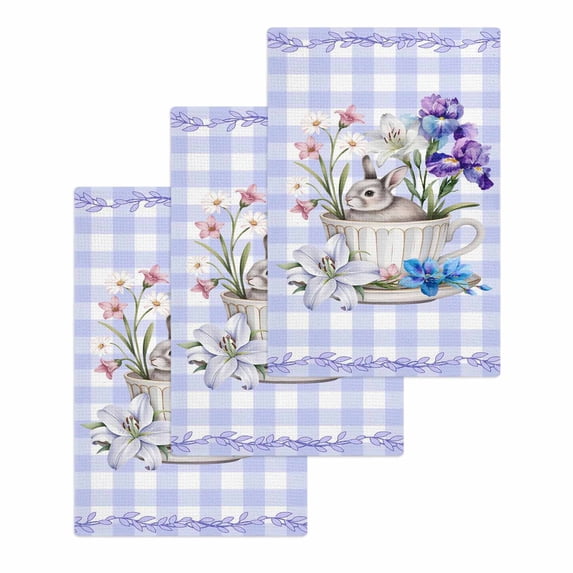 Spring Easter Kitchen Dish Towels for Drying Dishes Set of 3, Bunny Botanical Flowers Leaves Purple Check Waffle Weave Microfiber Hand Tea Bathroom Towels Quick Dry & Absorbent Towel 15.7x23.6