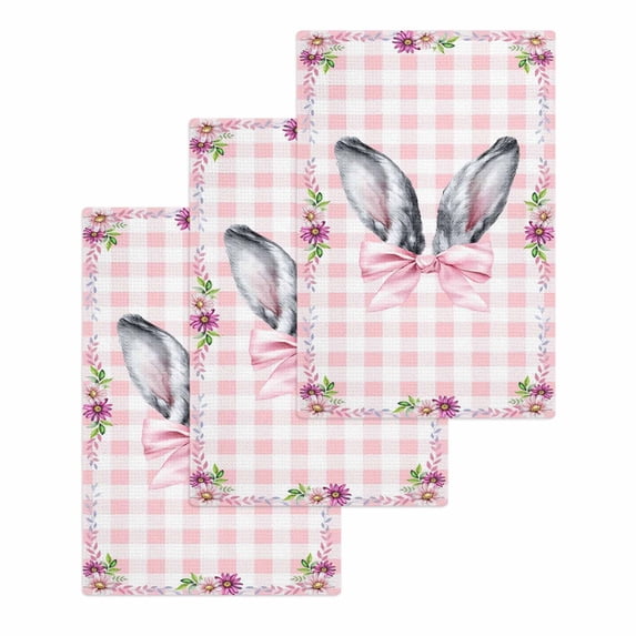 Spring Easter Kitchen Dish Towels for Drying Dishes Set of 3, Cute Rabbits Ears Bow Daisy Floral Pink Plaid Waffle Weave Microfiber Hand Tea Bathroom Towels Quick Dry & Absorbent Towel 15.7x23.6