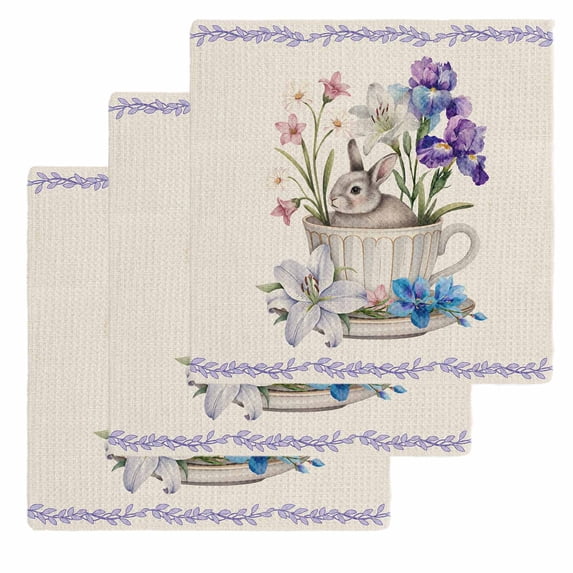 Spring Easter Kitchen Dish Towels for Drying Dishes Set of 3, Retro Rabbit Cup Botanical Purple Leaves Waffle Weave Microfiber Hand Tea Bathroom Towels Quick Dry & Absorbent Towel 12x12