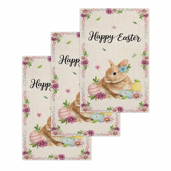 Spring Easter Kitchen Dish Towels for Drying Dishes Set of 3, Watercolor Flowers Cute Rabbits Eggs Leaf Beige Waffle Weave Microfiber Hand Tea Bathroom Towels Quick Dry & Absorbent Towel 15.7x23.6