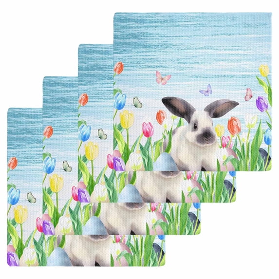 Spring Easter Kitchen Dish Towels for Drying Dishes Set of 4, Blue Botanical Tulip Rabbit Butterfly Waffle Weave Microfiber Hand Tea Bathroom Towels Quick Dry & Absorbent Towel 12x12