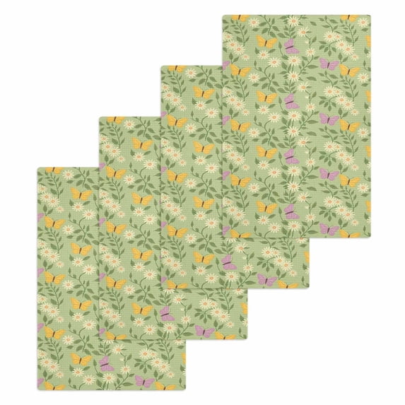 Spring Easter Kitchen Dish Towels for Drying Dishes Set of 4, Watercolor Floral Daisy Butterflies Green Waffle Weave Microfiber Hand Tea Bathroom Towels Quick Dry & Absorbent Towel 15.7x23.6
