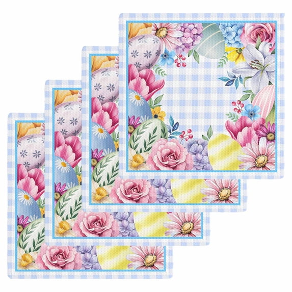 Spring Easter Kitchen Dish Towels for Drying Dishes Set of 4, Watercolor Flower Eggs Berry Leaf Blue Plaid Waffle Weave Microfiber Hand Tea Bathroom Towels Quick Dry & Absorbent Towel 12x12