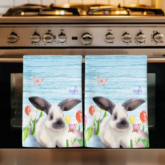 Spring Easter Kitchen Towels Set of 1, Blue Botanical Tulip Rabbit Butterfly Absorbent Dish Towels for Kitchen, Microfiber Hand Towel, Quick Drying Tea Towel for Cleaning Decorative Dishcloths