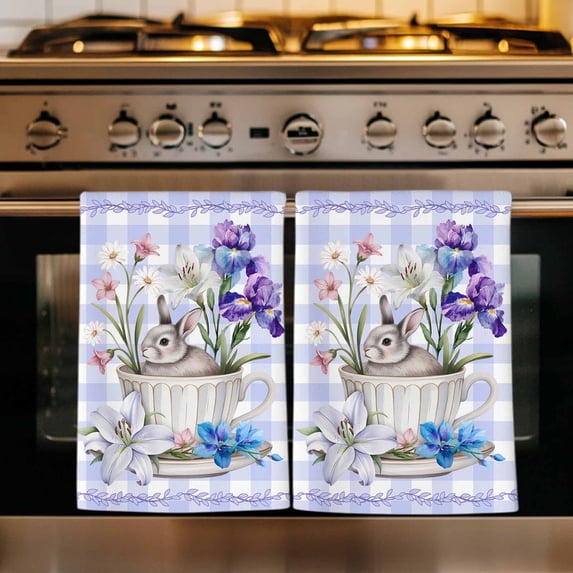 Spring Easter Kitchen Towels Set of 1, Bunny Botanical Flowers Leaves Purple Check Absorbent Dish Towels for Kitchen, Microfiber Hand Towel, Quick Drying Tea Towel for Cleaning Decorative Dishcloths