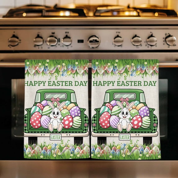 Spring Easter Kitchen Towels Set of 1, Easter Eggs Bunny Truck Botanical Burlap Absorbent Dish Towels for Kitchen, Microfiber Hand Towel, Quick Drying Tea Towel for Cleaning Decorative Dishcloths