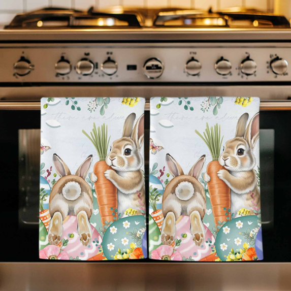 Spring Easter Kitchen Towels Set of 1, Rabbit Eggs Eucalyptus Leaf Floral Butterfly Absorbent Dish Towels for Kitchen, Microfiber Hand Towel, Quick Drying Tea Towel for Cleaning Decorative Dishcloths