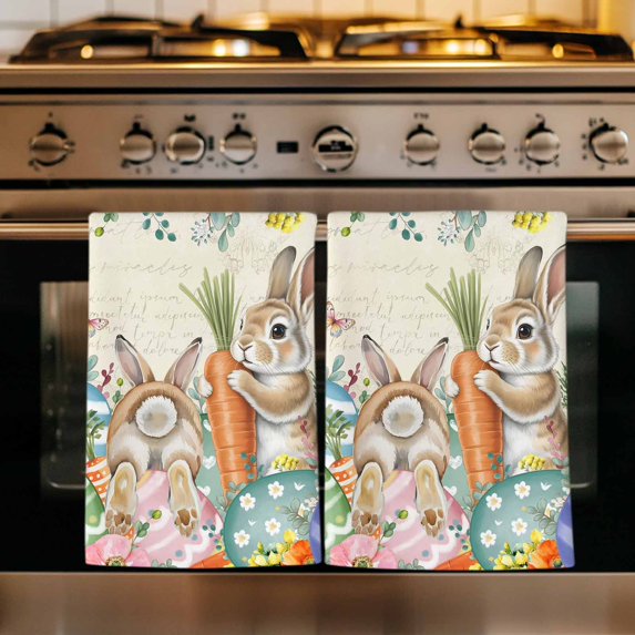 Spring Easter Kitchen Towels Set of 1, Rabbits Eggs Eucalyptus Branches Flowers Absorbent Dish Towels for Kitchen, Microfiber Hand Towel, Quick Drying Tea Towel for Cleaning Decorative Dishcloths