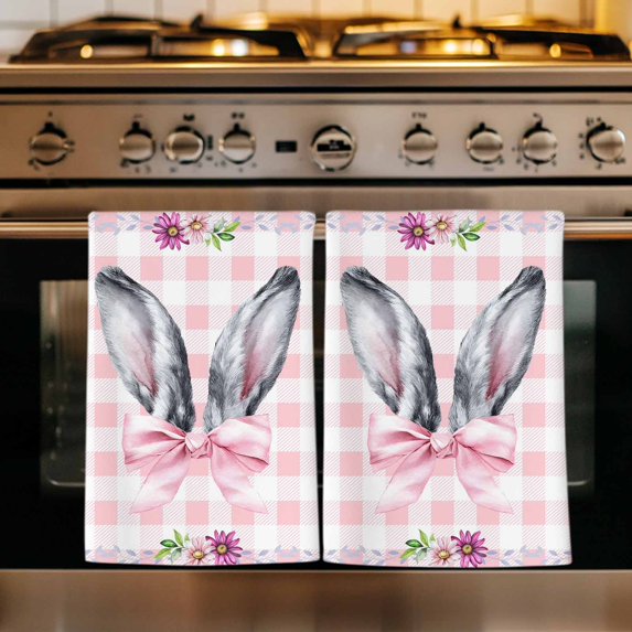 Spring Easter Kitchen Towels Set of 2, Cute Rabbits Ears Bow Daisy Floral Pink Plaid Absorbent Dish Towels for Kitchen, Microfiber Hand Towel, Quick Drying Tea Towel for Cleaning Dishcloths