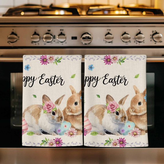 Spring Easter Kitchen Towels Set of 2, Watercolor Flowers Cute Rabbits Eggs Leaf Beige Absorbent Dish Towels for Kitchen, Microfiber Hand Towel, Quick Drying Tea Towel for Cleaning Dishcloths