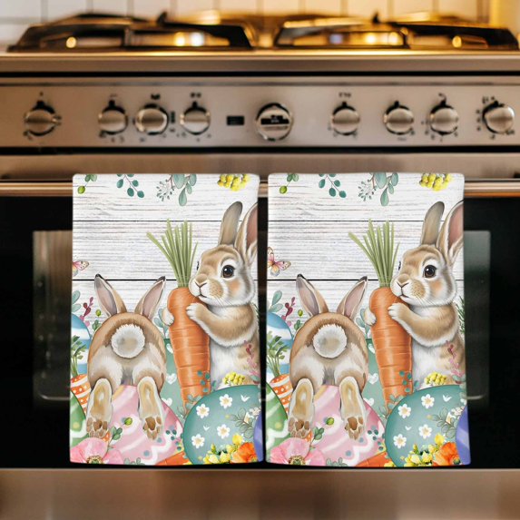 Spring Easter Kitchen Towels Set of 3, Bunny Eggs Floral Leaves Farm Wooden Grain Absorbent Dish Towels for Kitchen, Microfiber Hand Towel, Quick Drying Tea Towel for Cleaning Decorative Dishcloths