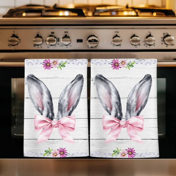 Spring Easter Kitchen Towels Set of 4, Watercolor Flowers Rabbits Ears Bow Wooden Gray Absorbent Dish Towels for Kitchen, Microfiber Hand Towel, Quick Drying Tea Towel for Cleaning Dishcloths