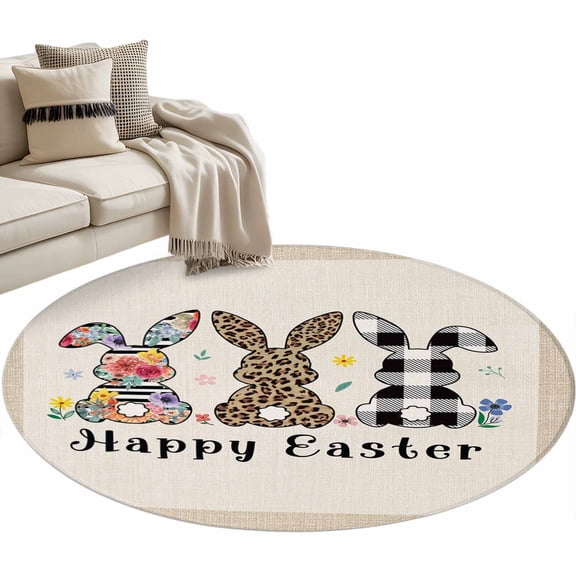 Spring Easter Large Area Rugs for Bedroom Living Room, Soft Non Slip Carpet Bedside Rug, Floral Checkered Bunny Linen Texture Round Floor Cover Kitchen Accent Rug 3' for Dining Room/Office