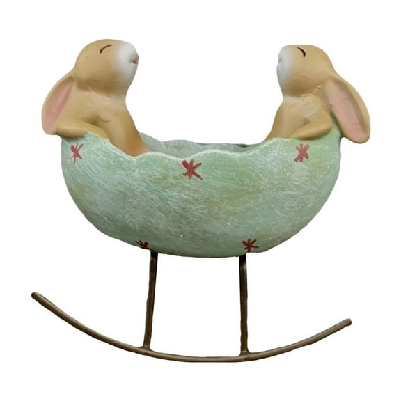Spring Easter Laughing Bunny Rabbits Figurine, Rocking in an Egg Cradle Vintage Rustic Country Decor, Bunny Rabbit Statue for Easter Decoration and Cute Bunny Candy Dish