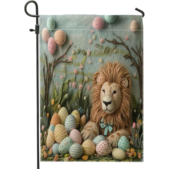 Spring Easter Lion Wildlife Garden Flags 12x18 Inch for Outside, Wool Felt Style Animal Eggs Standard Vertical Linen Flags, Holiday Print Front Yard Backyard Lawn Outdoor Decoration