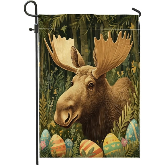 Spring Easter Moose Deer Wildlife Garden Flags 12x18 Inch Double Sided for Outside, Forest Wild Animal Eggs Pattern Standard Canvas House Flags, Landscape Front Yard Backyard Lawn Flag