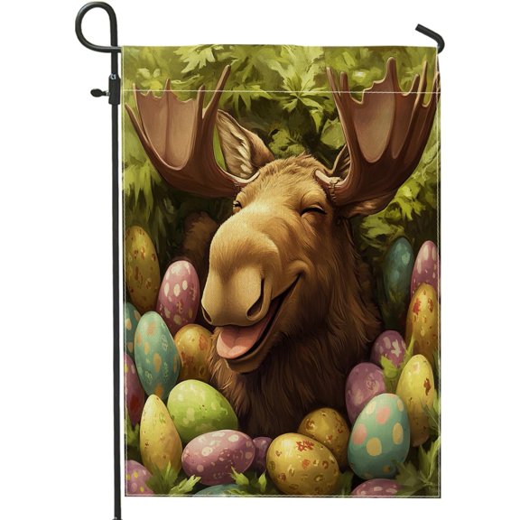 Spring Easter Moose Deer Wildlife Garden Flags 12x18 Inch Double Sided for Outside, Forest Wild Animal Eggs Standard Canvas Outdoor Flags, Landscape Front Yard Backyard Lawn Decoration