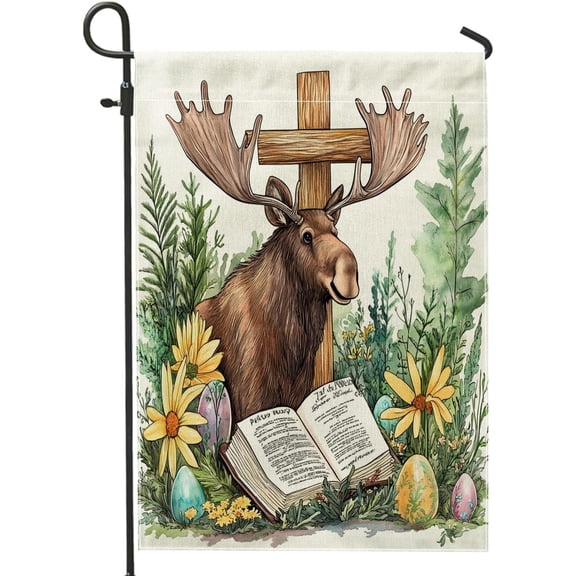 Spring Easter Moose Deer Wildlife Garden Flags 12x18 Inch Double Sided for Outside, Fun Wild Animal Cross Eggs Standard Vertical Canvas House Flags, Holiday Front Yard Backyard Lawn Flags