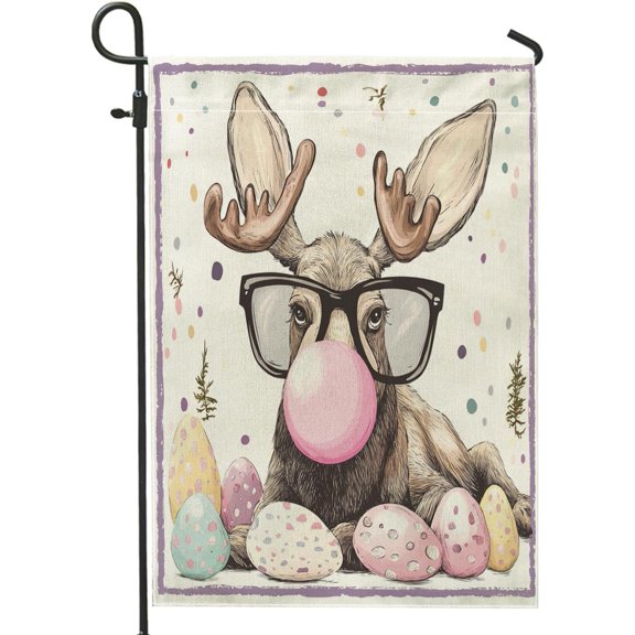 Spring Easter Moose Deer Wildlife Garden Flags 12x18 Inch Double Sided for Outside, Fun Wild Animal Groovy Eggs Standard Canvas Outdoor Flags, Holiday Front Yard Backyard Lawn Decoration