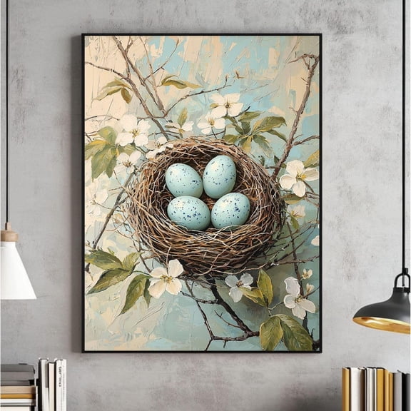 Spring Easter Nest Wall Art, Vintage Oil, Farmhouse Decor With Blue Eggs & Florals, Cottage Print #1449, Stretched Canvas Size 8x12