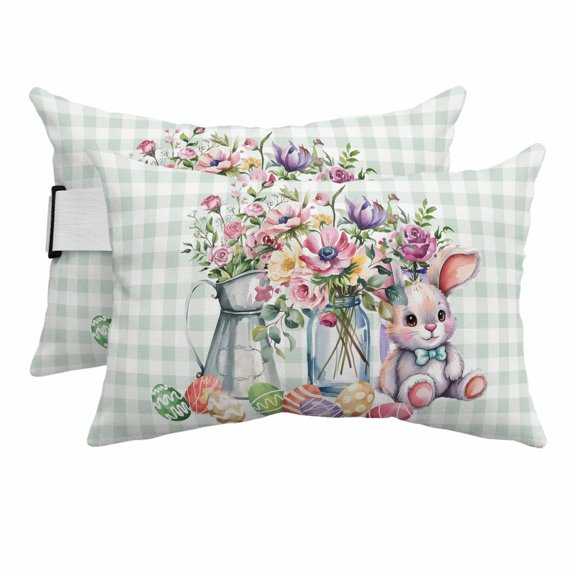 Spring Easter Outdoor Pillows for Chaise Lounge Chair Beach Headrest Pillow Set of 2 Waterproof Lumbar Pillows with Insert Colorful Cute Rabbits Eggs Flowers Green Plaid Pillow for Patio Pool 12"x20"