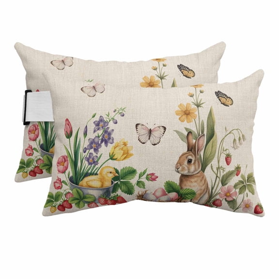 Spring Easter Outdoor Pillows for Chaise Lounge Chair Beach Headrest Pillow Set of 2 Waterproof Lumbar Pillows with Insert Country Bunny Chick Floral Butterflies Burlap Pillow for Patio Pool 12"x20"