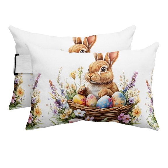 Spring Easter Outdoor Pillows for Chaise Lounge Chair Beach Headrest Pillow Set of 2 Waterproof Lumbar Pillows with Insert&Strap Colorful Eggs Bunny Botanical Floral Pillow for Patio Pool 12"x20"