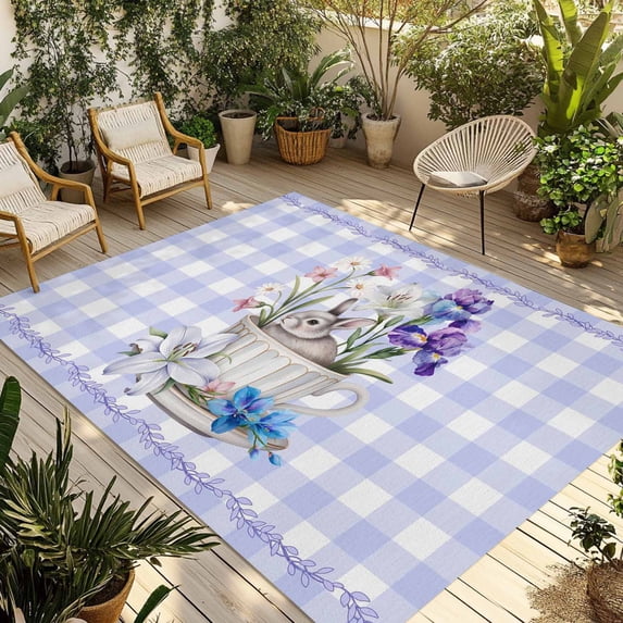 Spring Easter Outdoor Rug 4x6 Ft - Reversible Patio Rug Outdoor Camping Rugs, Bunny Botanical Flowers Leaves Purple Check Indoor Outdoor Area Rugs, Non-Slip Outdoor Carpet Runner for Deck/Porch