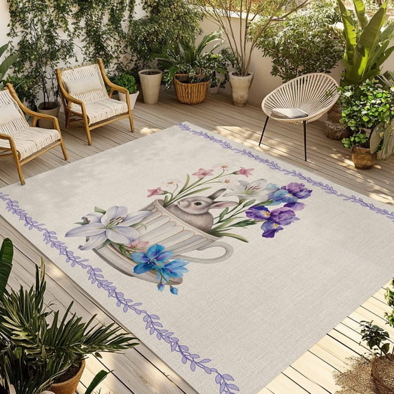 Spring Easter Outdoor Rug 5x8 Ft - Reversible Patio Rug Outdoor Camping Rugs, Retro Rabbit Cup Botanical Purple Leaves Washable Indoor Outdoor Area Rugs, Non-Slip Outdoor Carpet Runner for Deck/Porch