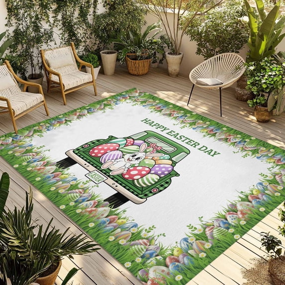 Spring Easter Outdoor Rug for Patio/Deck/Porch, Non-Slip Large Area Rug 4 x 6 Ft, Easter Eggs Bunny Truck Botanical Watercolor Indoor Outdoor Rugs Washable Area Rugs, Camping Rug Carpet Runner