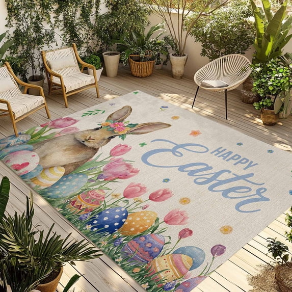 Spring Easter Outdoor Rug for Patio/Deck/Porch, Non-Slip Large Area Rug 5 x 8 Ft, Pink Tulip Flowers Bunny Floral Rustic Indoor Outdoor Rugs Washable Area Rugs, Reversible Camping Rug Carpet Runner