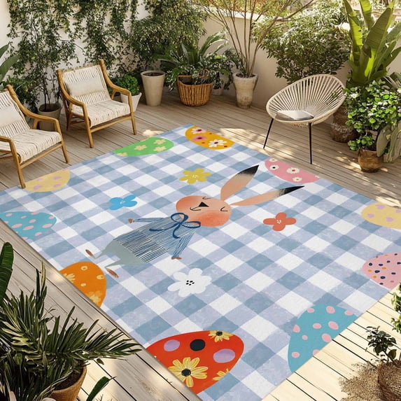 Spring Easter Outdoor Rug for Patio/Deck/Porch, Non-Slip Large Area Rug 6 x 9 Ft, Blue Plaid Bunny Colorful Eggs Floral Indoor Outdoor Rugs Washable Area Rugs, Reversible Camping Rug Carpet Runner