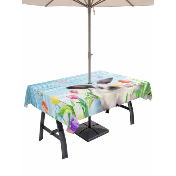 Spring Easter Outdoor Tablecloth - 52x70 Inch Rectangle Dining Table Cover, Blue Botanical Tulip Rabbit Butterfly Waterproof Outdoor Table Cloth with Umbrella Hole & Zipper for Picnic/Patio/Party