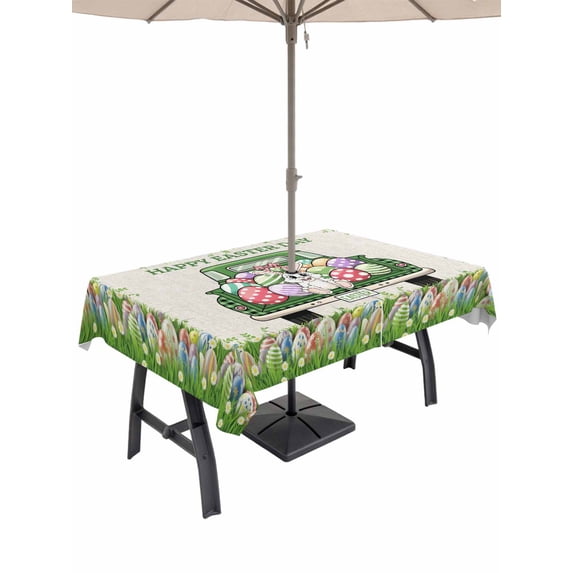 Spring Easter Outdoor Tablecloth - 52x70 Inch Rectangle Dining Table Cover, Easter Eggs Bunny Truck Botanical Burlap Waterproof Outdoor Table Cloth with Umbrella Hole & Zipper for Picnic/Patio/Party