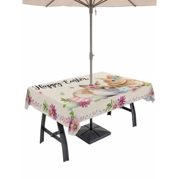 Spring Easter Outdoor Tablecloth - 52x70 Inch Rectangle Dining Table Cover, Watercolor Flowers Cute Rabbits Eggs Leaf Beige Waterproof Outdoor Table Cloth with Umbrella Hole & Zipper for Picnic/Patio