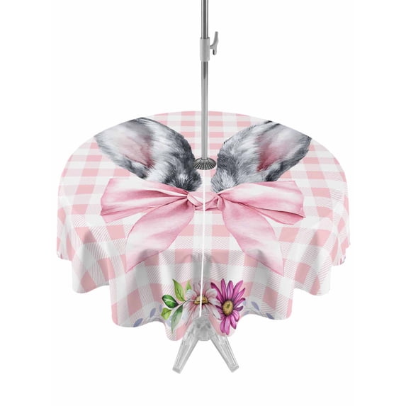 Spring Easter Outdoor Tablecloth - 54 Inch Round Dining Table Cover, Cute Rabbits Ears Bow Daisy Floral Pink Plaid Waterproof Outdoor Table Cloth with Umbrella Hole & Zipper for Picnic/Patio/Party